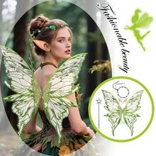 JEWELRYWE Large Fairy Wings Glitter Transparent Fairy Costume, Butterfly Wings Angel Elf Dress Accessories, Party Cosplay, Fairy Magic Wand Garland Elf Ears - 綠色 - 查看 12