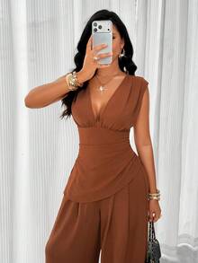 Elegant Women's Deep V Neck Ruched Bust Two Pieces Jumpsuit, Zipper Detail, Non-Stretch For Fall - Reddish Brown - View 7