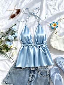 1pc Spring/Summer New Daily Party Vacation All-Season Solid Color Sleeveless Spaghetti Strap Strap Tank Top - Baby Blue - View 5