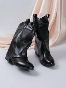 Black Chelsea Ankle Boots, Round Toe Chunky Heel Shaft Boots, Versatile Commuter Boots, Suitable For Daily, Work, Date, Fashion Styling - Black - View 8