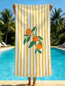 1pc Fresh Yellow Striped Orange Microfiber Beach Towel, Soft Absorbent Lightweight Towel, Suitable For Adults And Teens, Perfect For Beach, Travel And Swimming Beach Blanket - Multicolor - View 1