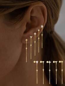 S925 Sterling Silver Classic Long Tassel Heart-Shaped Zirconia Pendant Flat Head Piercing Cartilage Ear Stud Ear Wire, Suitable For Women's Daily Wear - Single - View 1