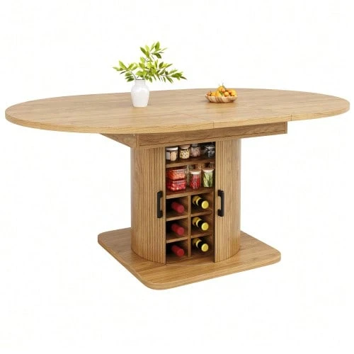 Extendable Dining Table With Storage, Multifunctional Table With Removable Shelves, Space-Saving Kitchen Table For Small Rooms And Dining Rooms, MDF Tabletop, Natural Brown. - 棕色 - 查看 1