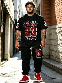 2pcs Plus Size Men's American Vintage CHICAGO23 Star & Letter Print Short Sleeve Crew Neck T-Shirt And Matching Drawstring Cuffed Sweatpants Summer - Black - View 1