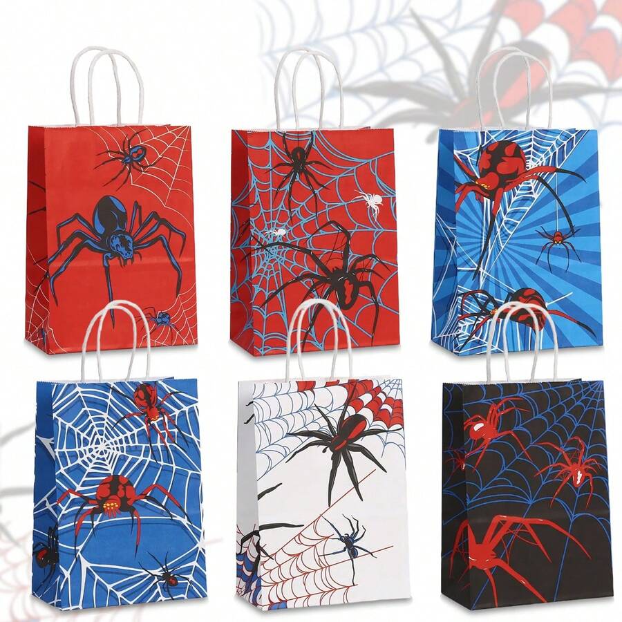 8PCS Hero Series Spider Web Pattern Printed Kraft Paper Gift Bags, Suitable For Cosplay Event Souvenirs Packaging, Birthday And Theme Party Decoration, Halloween Gift Packaging, Daily Item Storage And Shopping Bags, Happy Birthday - 451 - View 1