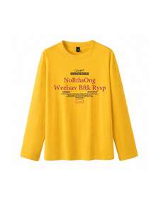 American Street Style Yellow Crew Neck Long Sleeve T-Shirt For Women, Autumn Brand Letter Pure Loose Fit Versatile Y2K Base Layer Top Casual - Yellow - View 6