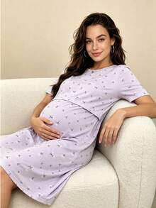 Hart & Haze Postpartum Women's Casual Maternity Sleepwear, Round Neck Simple Printed Short Sleeve Nightgown - Multicolor - View 3