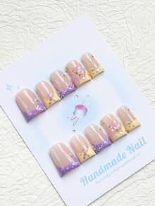 10PCS-Handmade Press On Nails, Duckbill Shape, Fake Nails, Y2K Style, Sturdy, Reusable, Yellow, Paired With French Style, 3D Design, Suitable For Daily Wear, Parties, Vacations, And Also The Best Holiday Gift For Girls And Women. - Yellow - View 3