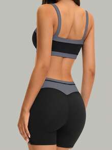 KyrLssu Women's 2pcs Colorblock Fitness Set, Square Neck Spaghetti Strap Sports Bra + High Waist Side Panel Biker Shorts - Black - View 5