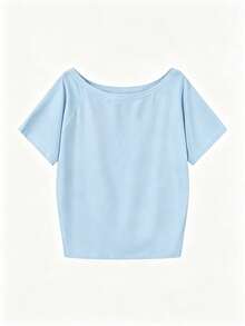 Y2K Hot Girl Style Solid Color Design Off-Shoulder Short Sleeve T-Shirt, Loose Fit Slimming Slouchy Off-Shoulder Top, Simple And Fashionable For Daily Casual Summer Wear - Blue - View 4