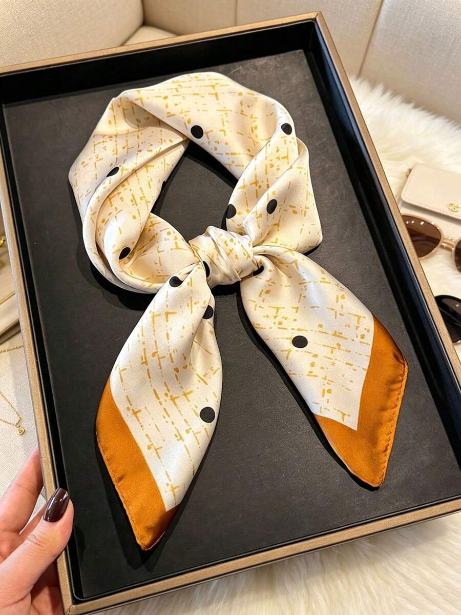 1件仿絲極簡設計貝殼與海星印花 27.6英吋正方形絲巾,時尚百搭正方形絲巾,腰帶裝飾絲巾,適合日常穿搭 - 波點杏色 - 查看 1