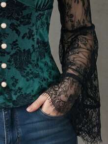 Women's Autumn Velvet Lace Top, Long Ruffle Sleeve Stand Collar Blouse, Semi-Transparent Details, High Elastic Knit Fabric Fall - Green - View 4