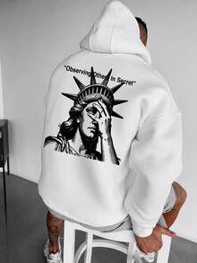 Simple Studio | Niche Rebellious Vintage Statue Of Liberty Graphic Slogan Print Hoodie, Minimalist Cold-Tone Drape White Streetwear Sweatshirt For Men - White - View 5