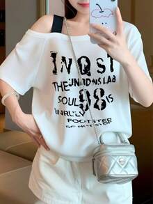 Kaos Lengan Pendek Motif Huruf Seksi Amerika, Warna Putih, Kasual Musim Panas - Putih - View 1