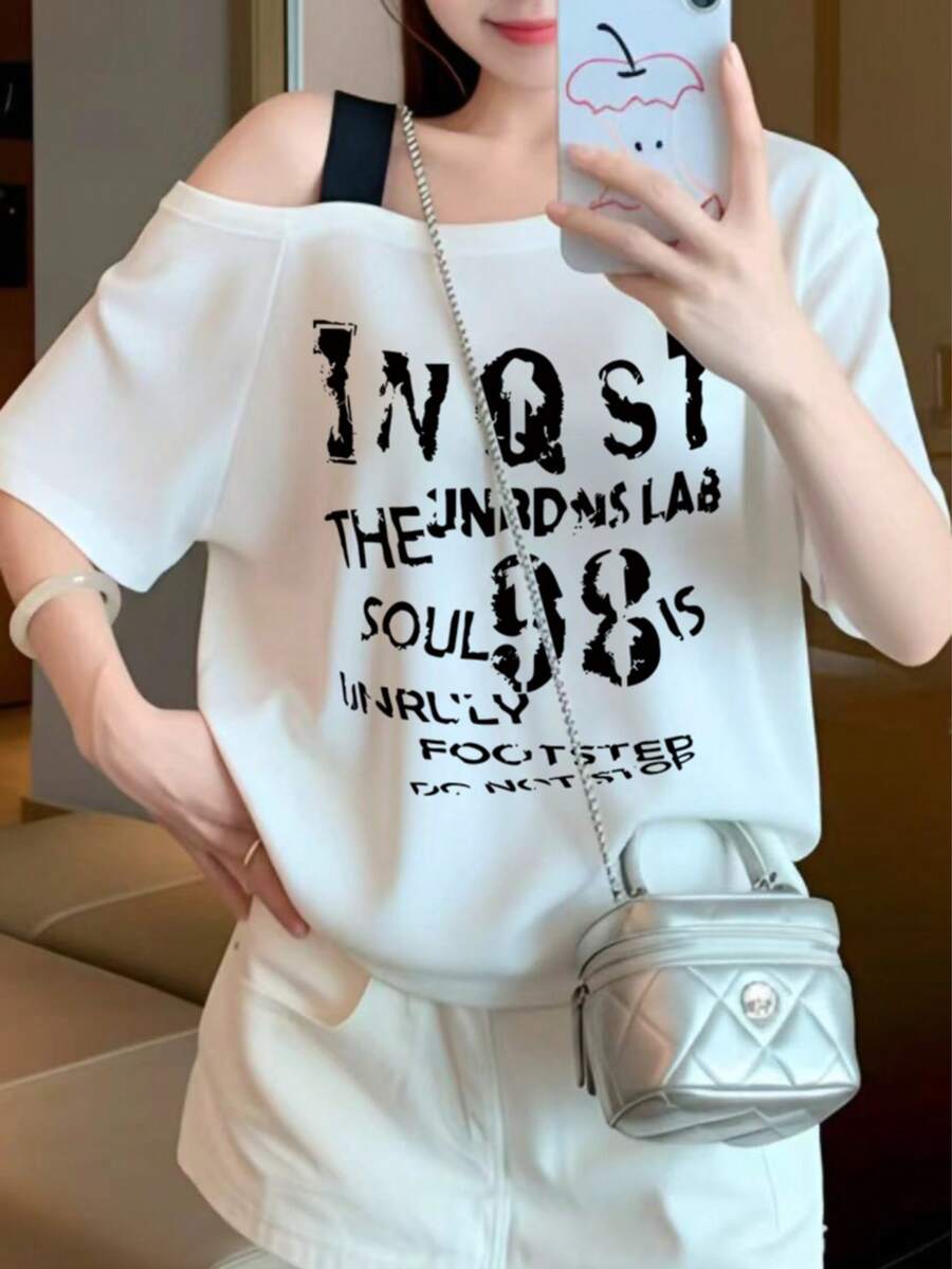 Kaos Lengan Pendek Motif Huruf Seksi Amerika, Warna Putih, Kasual Musim Panas - Putih - View 1