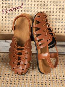Vortread New Women's Hollow Closed Toe Flat Sandals With Elastic Back Strap, Anti-Slip Design, Casual Vacation Commute Versatile Summer Shoes - Brown - View 7
