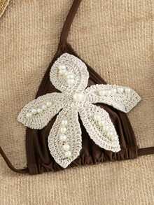2026 New Beaded 3D Floral Decor Bikini Set, 2-Piece Swimwear With Triangle Halter Top And Side Tie Triangle Bottom Brown Vacation Beach Summer - Brown - View 6