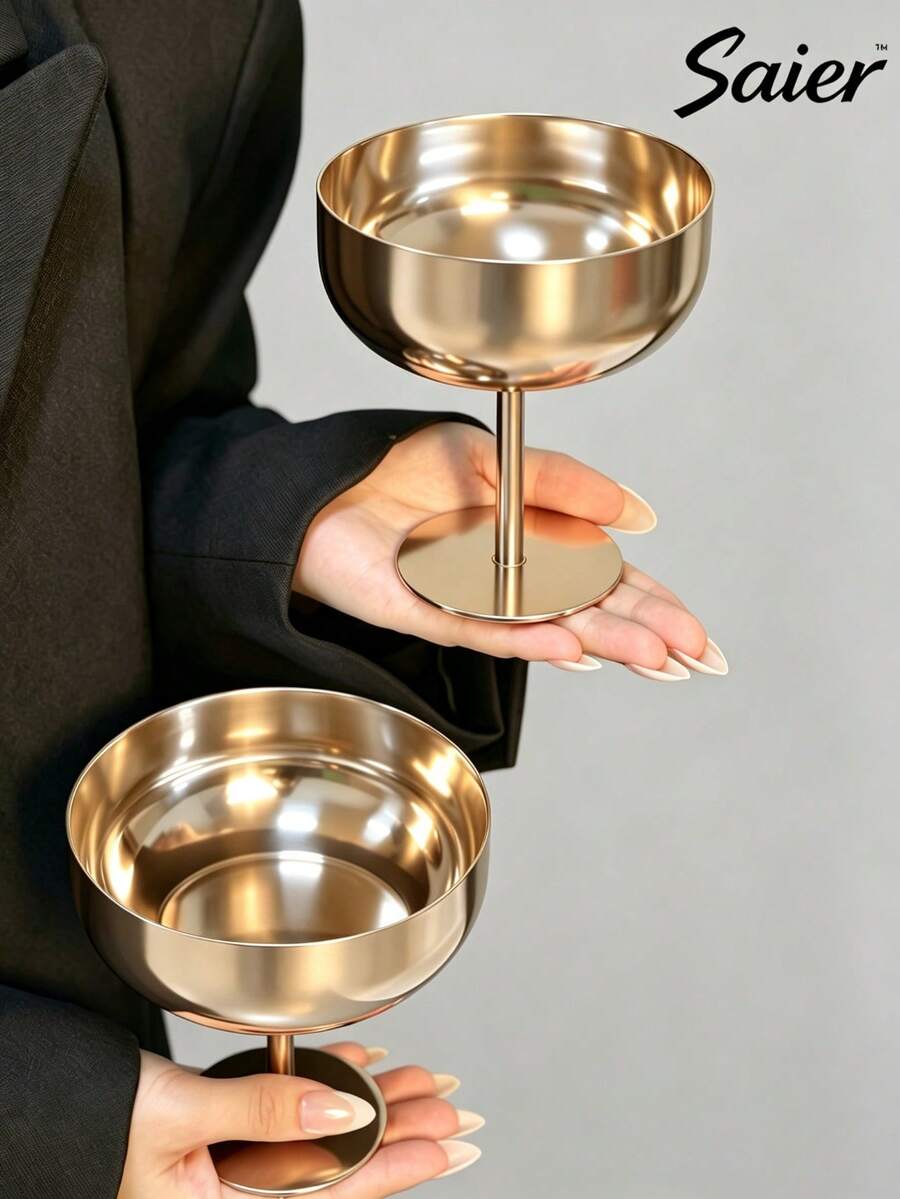 3 Styles Gold Stainless Steel Round High-Foot Dessert Cups In Large/Medium/Small Sizes, Multiple Specifications Available, Suitable For Summer Ice Cream, Desserts And Other Daily Home Use And Party Event Tableware Matching - Multicolor - View 1