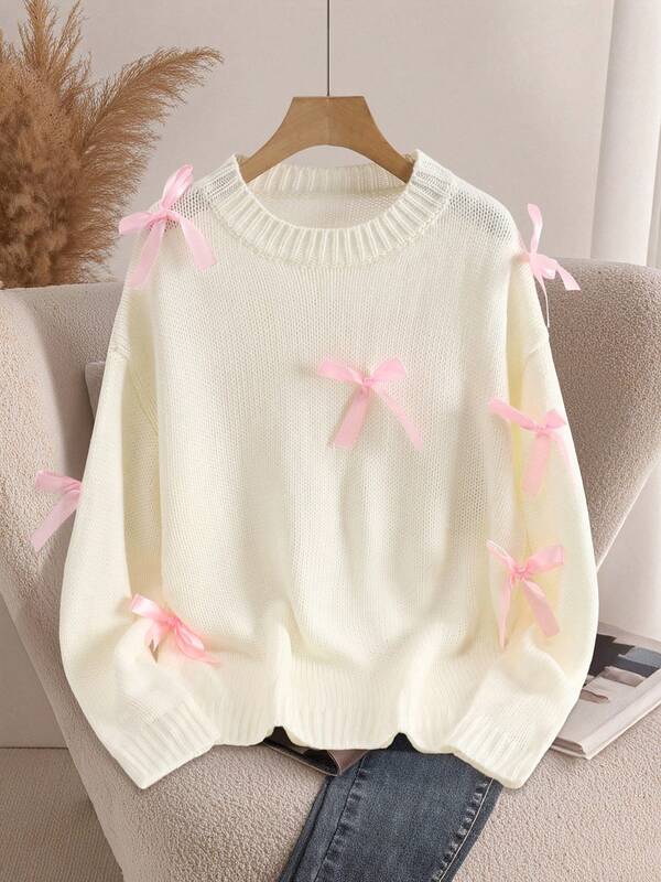 Women Plus Size Y2K Bow Knit Pullover, Solid Long Sleeve Loose Sweater, Soft Casual Preppy Daily Travel Loungewear Fall Winter