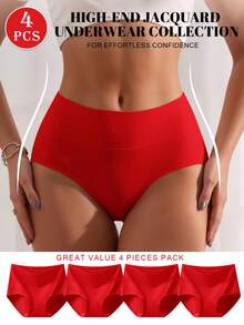 4pcs Red High Waist Jacquard Cotton Women's Triangle Panties, Premium Casual Ladies Underwear, Bodycon Elastic Comfortable Women's Lingerie - Red - View 3