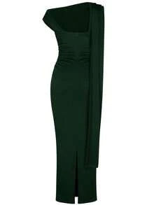 Solid Color Elegant Ruffle Zipper Pleated Dress For Beach - Dark Green - View 8