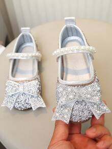 Zapatos para niñas pequeñas con pedrería, diseño de lazo & perla, zapatos casuales versátiles para uso diario y escuela para niños - Plateado - Ver 3