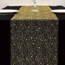 1pc Mesh Hollow Star Table Runner 28*275/500/1000cm With Sequin Foil Metallic Mesh Decor, Suitable For Dining Table Cloth, Adds Radiance, Thin Design, Suitable For Weddings, Birthday Parties, Christmas And Other Occasions - Golden Star - View 1