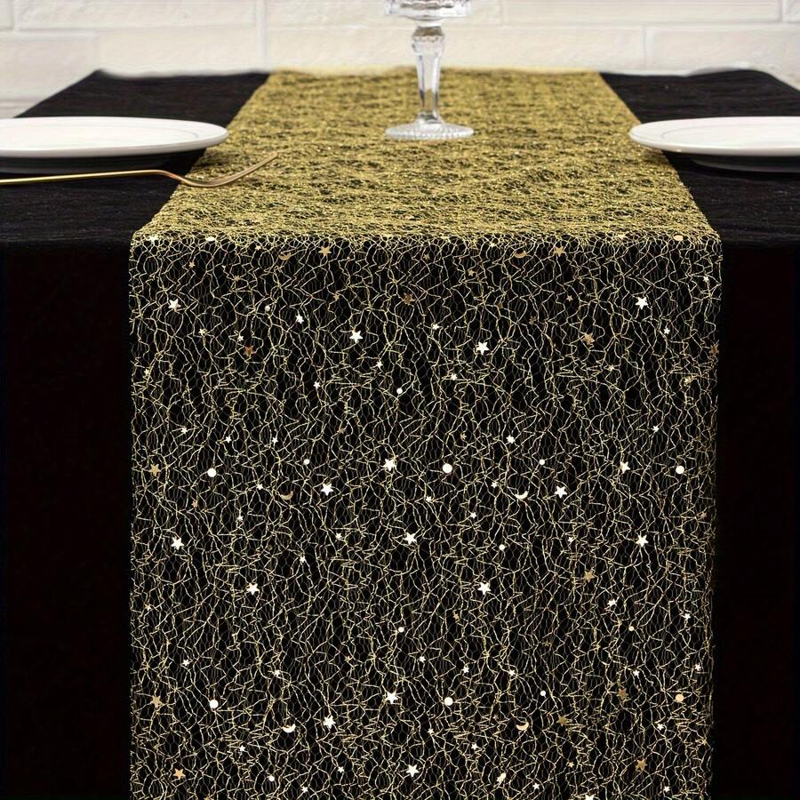 1pc Mesh Hollow Star Table Runner 28*275/500/1000cm With Sequin Foil Metallic Mesh Decor, Suitable For Dining Table Cloth, Adds Radiance, Thin Design, Suitable For Weddings, Birthday Parties, Christmas And Other Occasions - Golden Star - View 1