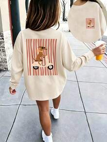 Girls Cute Dachshund Scooter Back Print Long Sleeve Tee, Retro Stripe Casual Fall Top - Apricot - View 2