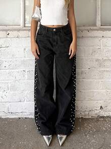 Women's Glamorous Side Beaded Straight Leg Denim Jeans - Black - View 4