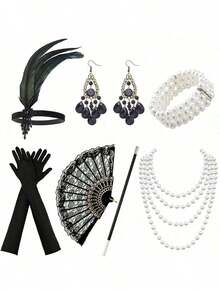 7-Piece 1920s Vintage Women's Costume Set - Halloween Party Outfit - Multicolor - View 10