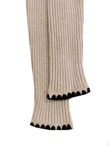 Women's Cream Ribbed Knit Dress, Long Sleeve Design, Fashion Mini Length, Decorated With Contrasting Fan-Shaped Trim, Autumn - Apricot - View 8