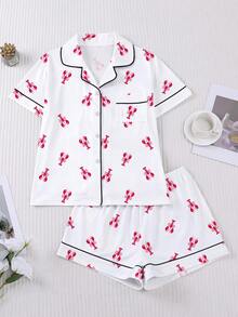 Set Piyama Wanita 2 Potong, Motif Lobster, Pakaian Santai Wanita, Pakaian Liburan Musim Semi/Panas, Atasan Lengan Pendek dan Celana Pendek - Putih - View 1