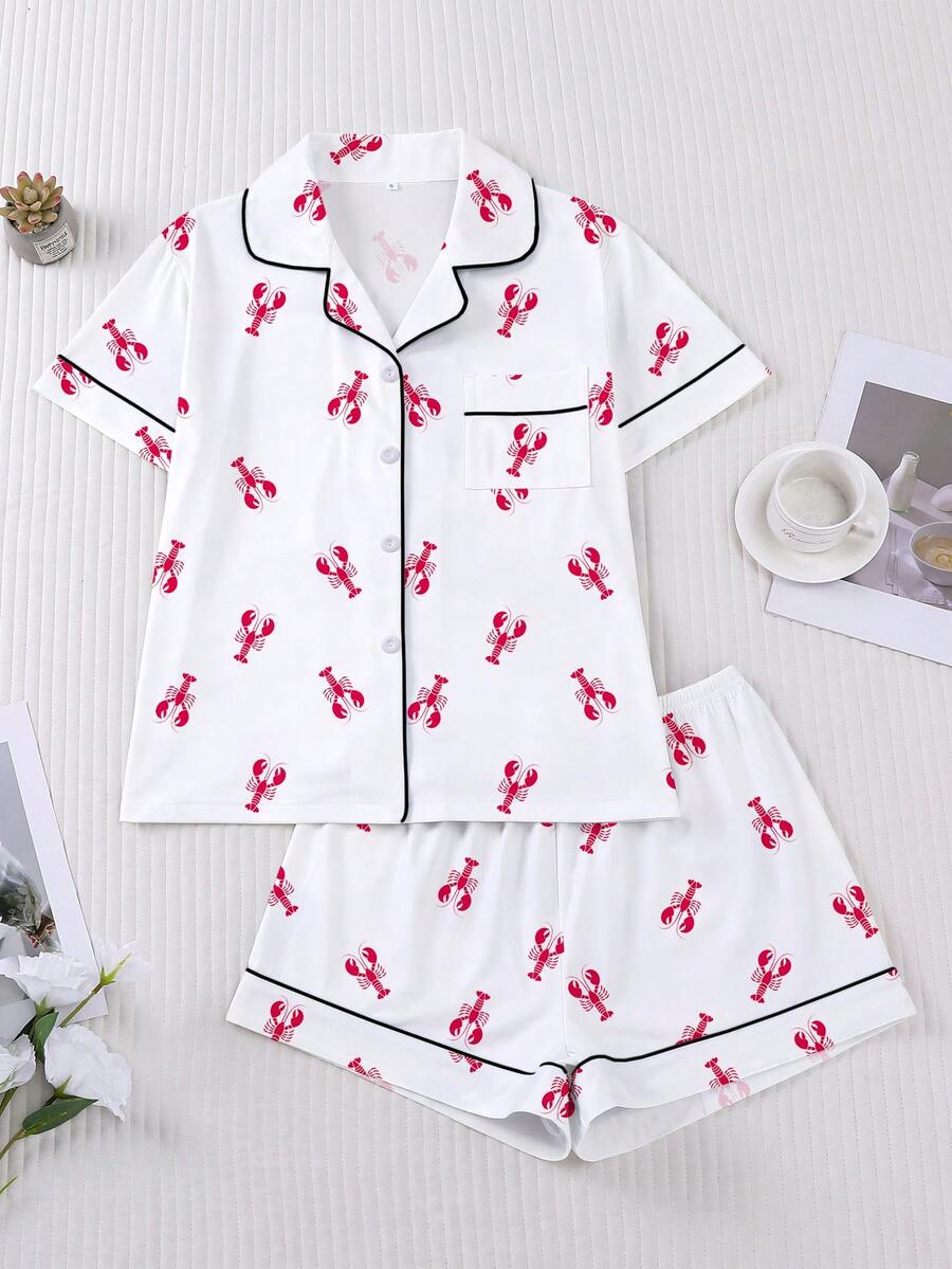Set Piyama Wanita 2 Potong, Motif Lobster, Pakaian Santai Wanita, Pakaian Liburan Musim Semi/Panas, Atasan Lengan Pendek dan Celana Pendek - Putih - View 1