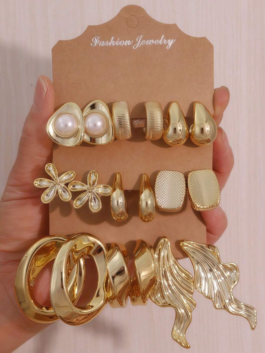 6-18PCS Gold Fashion Elegant Casual Women's Earrings Set, Includes Pearl Studs, Flower, Water Drop, Wave Geometric Design, Suitable For Daily Commute, Date, Vacation, Everyday Versatile, Unique Non-Clashing Style - Gold - View 1