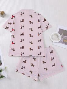 2 piezas/Set Conjunto de pijama para mujer, estampado de perro salchicha, ropa de estar en casa para mujer, conjunto de vacaciones de primavera/verano, top de manga corta con cuello y pantalones cortos, se puede usar al aire libre - Rosa - Ver 2