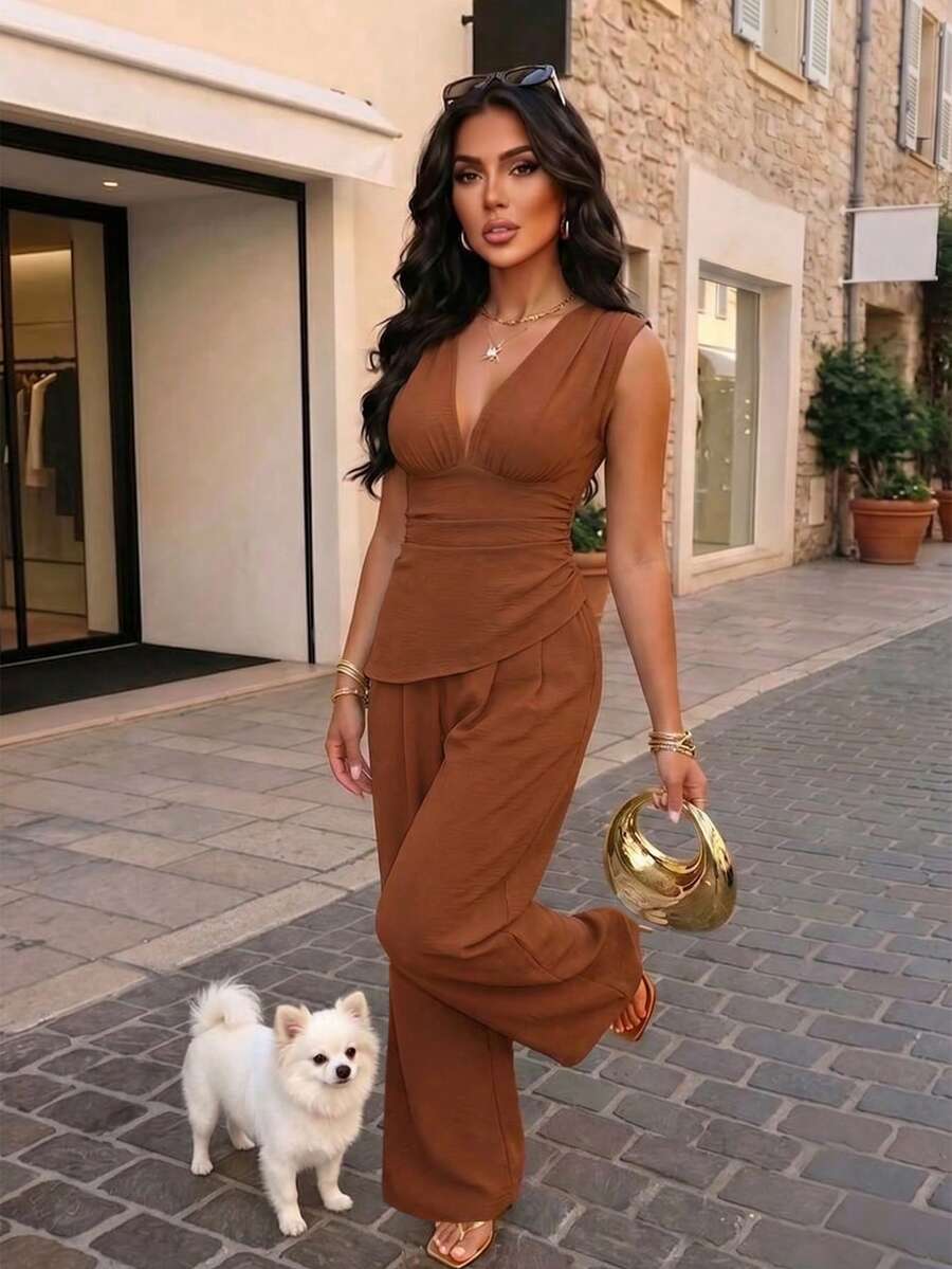 Elegant Women's Deep V Neck Ruched Bust Two Pieces Jumpsuit, Zipper Detail, Non-Stretch For Fall - Reddish Brown - View 1