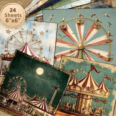 24 fogli di carta decorativa piatta da 6x6 pollici, carta per scrapbooking a tema circo vintage non ripetitiva, motivo ruota panoramica e giostra invecchiata, per journaling, creazione di biglietti, album fotografici fai-da-te, rivestimento di scatole regalo, carta di sfondo fatta a mano
