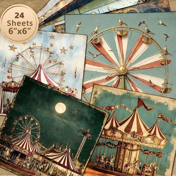 24 Sheets 6x6 Inch Flat Decorative Paper, Non-Repeating Vintage Circus Theme Scrapbook Paper, Distressed Ferris Wheel & Carousel Pattern, For Journaling, Card Making, Photo Album DIY, Gift Box Lining, Handmade Background Paper