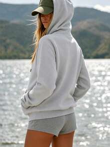 Women's Fashion Solid Color Drawstring Sports Jacket, Casual Minimalist Aesthetic Hooded Jacket, Y2K Minimalist Long Sleeve Sweatshirt, Suitable For Daily Wear, Outdoor Activities, Back To School Essential - Grey - View 5