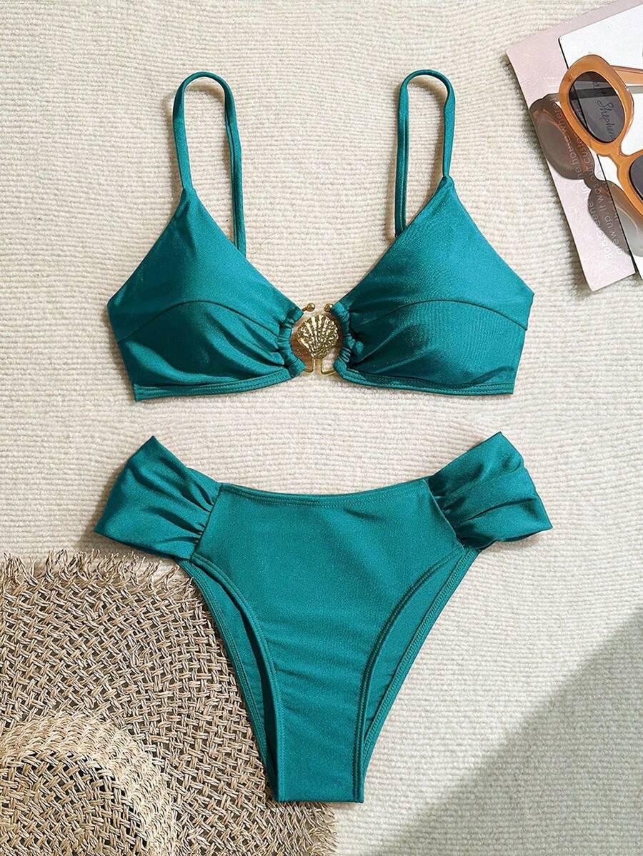 Women's Solid Color Shiny Fabric Metal Decor Spaghetti Strap Bikini Two Pieces Set Summer Vacation Beach - Green - View 1