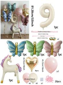 44/5/1 Set Butterfly Unicorn Number Aluminum Foil Balloon Set 0-9, Includes 32 Inch Ivory White Numbers, Standing Unicorn, Butterfly, Heart Shaped Foil Balloons And Latex Balloons, Suitable For Birthday Decoration, Baby Shower, Christening, Wedding Theme Party Supplies, Party Atmosphere Decoration, Indoor/Outdoor Decor, Bridal Shower, Family Party Decoration. - Standing Rocking Horse With Bow - View 8