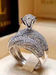 1 par de anillos de compromiso con doble capa al estilo europeo y americano, conjunto de joyas de propuesta populares, anillos para parejas, adecuados para uso diario y bodas, regalo - Plateado - Ver 1