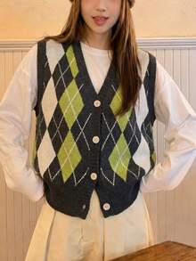 Women's Autumn/Winter Minimalist Casual Retro Diamond V-Neck Cardigan Sweater Vest - Dark Grey - View 3