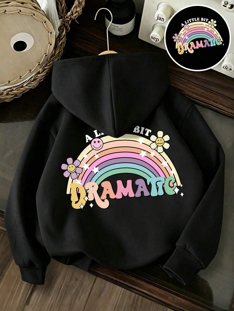 Tween Girl Letter Cartoon Floral Print Long Sleeve Casual Hooded Sweatshirt - Black - View 1