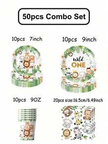10/20/40/50/60/80pcs Disposable Paper Tableware Set Jungle Safari Wild One Party Supplies: 80 Pieces Set Of Paper Plates, Cups, And Napkins For First Birthday Party Decorations - Multicolor - View 13