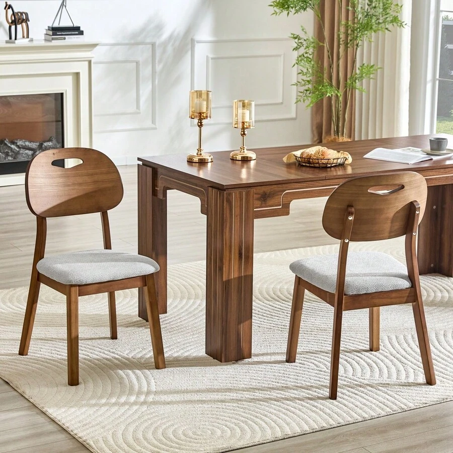 Modern Style Dining Chair Set (2 Pieces) / Oval Solid Wood Dining Chairs With Backrest / Wooden Chairs With Carrying Handles / Upholstered Kitchen Chairs / Suitable For Dining Room And Living Room - 灰+胡桃木色 - 查看 1