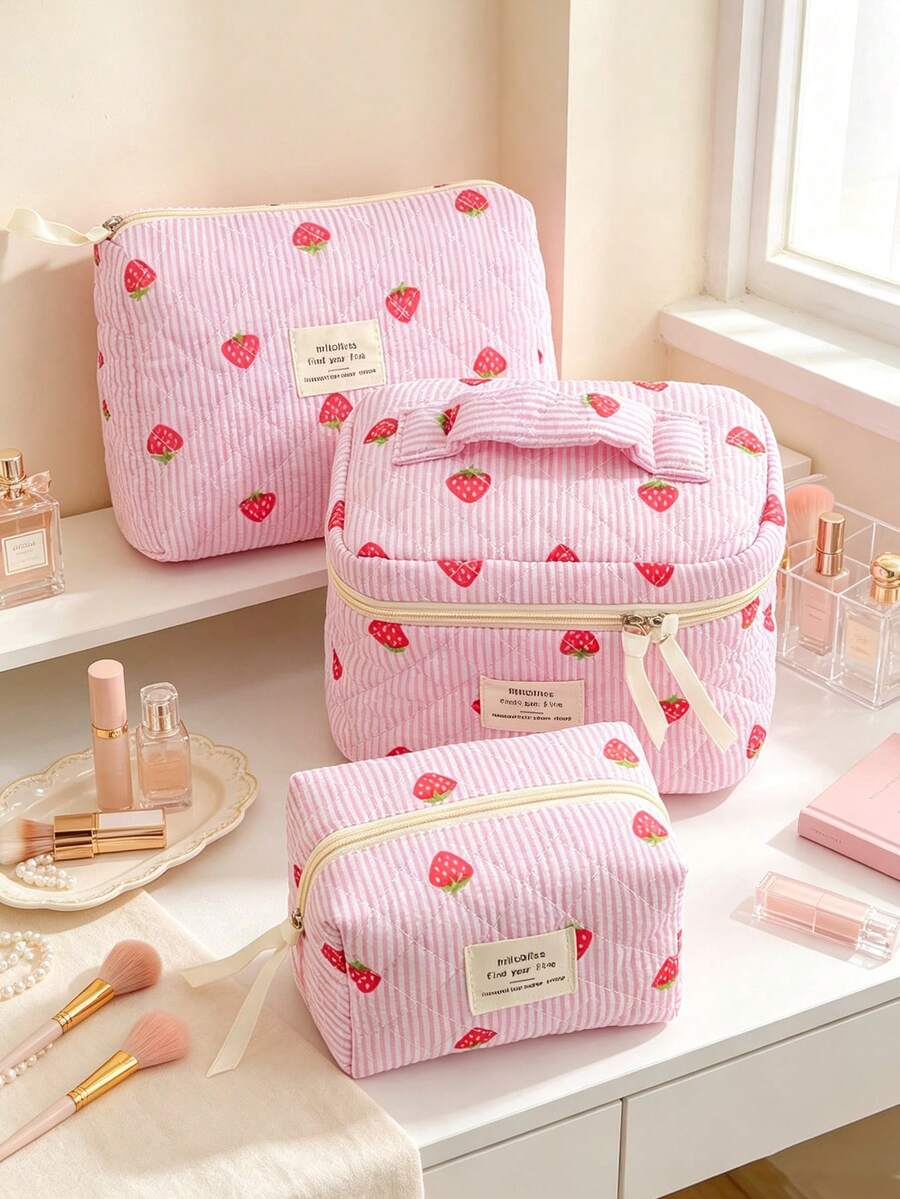 Strawberry Pattern Cosmetic Bag Large Capacity Make Up Bag Fashionable Strawberry Striped Makeup Bag Cute Quilted Floral Cosmetic Pouch Toiletry Bag - Multicolor - View 1