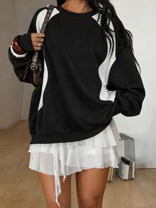Sweatshirt Wanita Model Longgar Minimalis Warna Blok Patchwork Kasual Serbaguna untuk Musim Gugur/Dingin Terbaru - Hitam - View 4