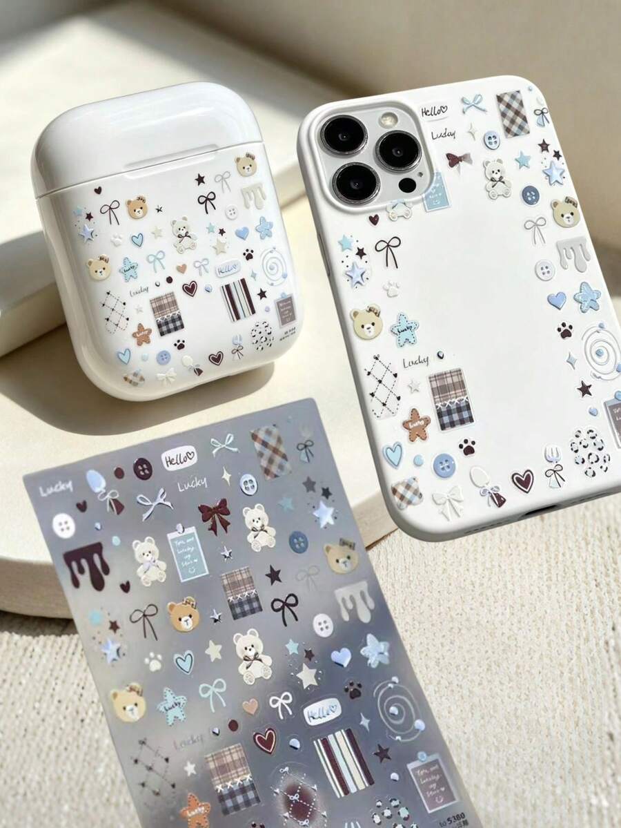 1pc Milk Blue Plaid Bear Bow Embossed Sticker, Gentle Light Blue Star Heart Button Cream, Waterproof Self-Adhesive No Residue, Universal For Camera Phone Case Earphone Case, Korean Style INS Minimalist DIY Decorative Sticker, Digital Device Milk White Fresh Healing Atmosphere Shell Beautification Sticker - Cream Blue Plaid Bear - View 1